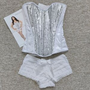 Top Drawer White Sequin Corset & Shorts Set M NWT (Halo & Wings Not Included)